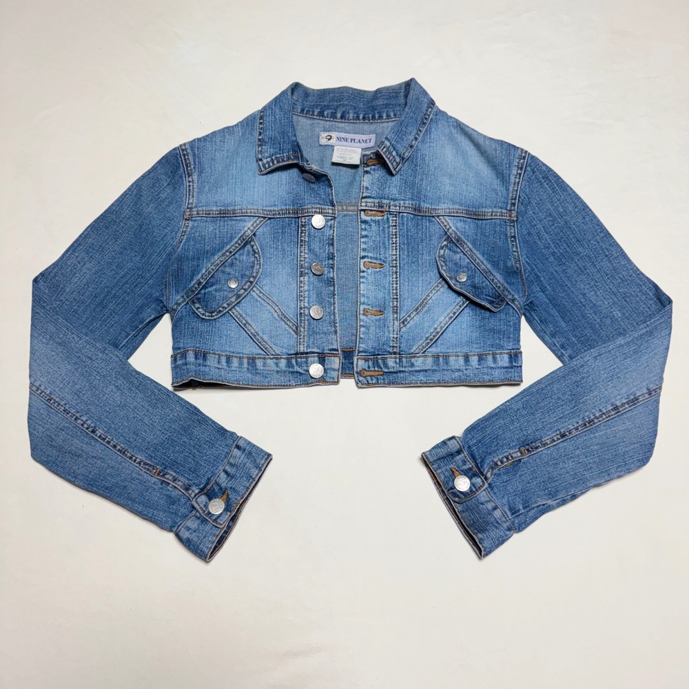 Nine Planet Womens Cropped Denim Jacket Blue Medium Wash Y2K Style Size M - Picture 2 of 7